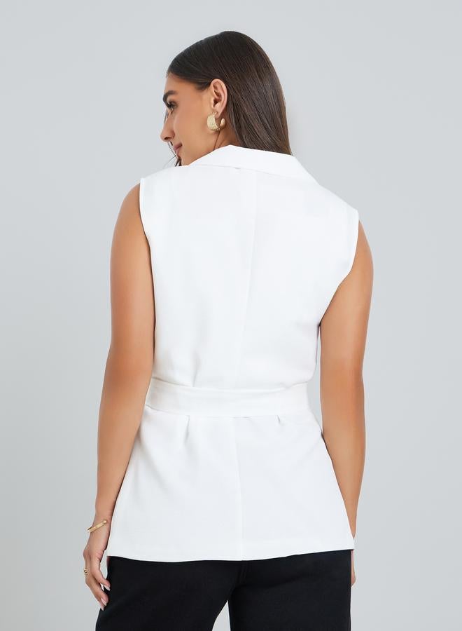 Styli Women White Belted Sleeveless Blazer - Image 3